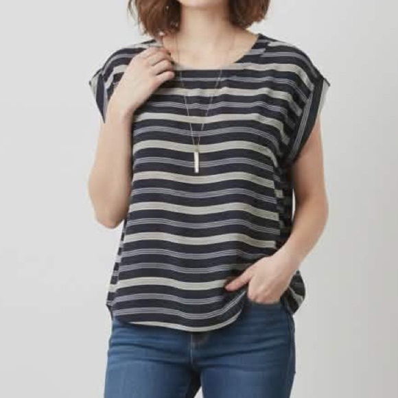 Ann Taylor Tops - Ann Taylor Navy Blue Striped Roll-Tab Sleeve Scoop Neck Blouse Top Size XL
